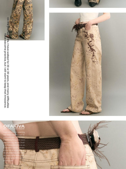 OfAkiva Embroidered Print Washed Cocoon High Waist Women&