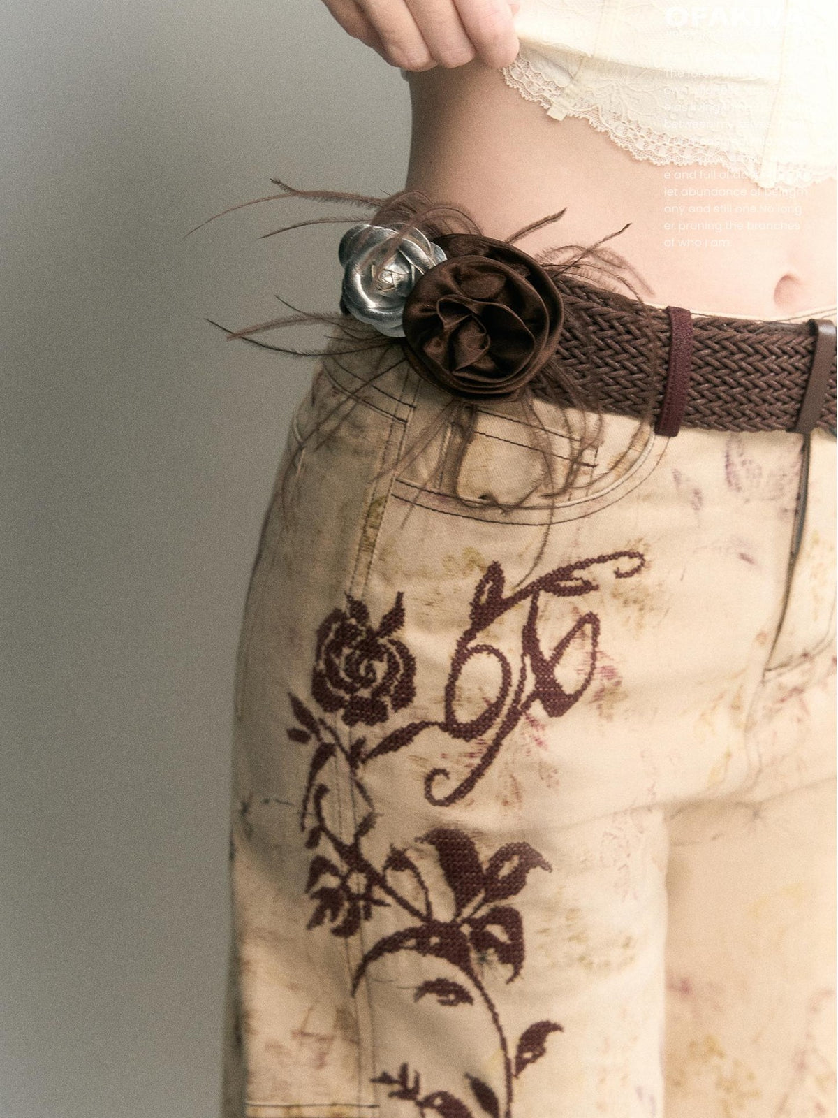 OfAkiva Embroidered Print Washed Cocoon High Waist Women&