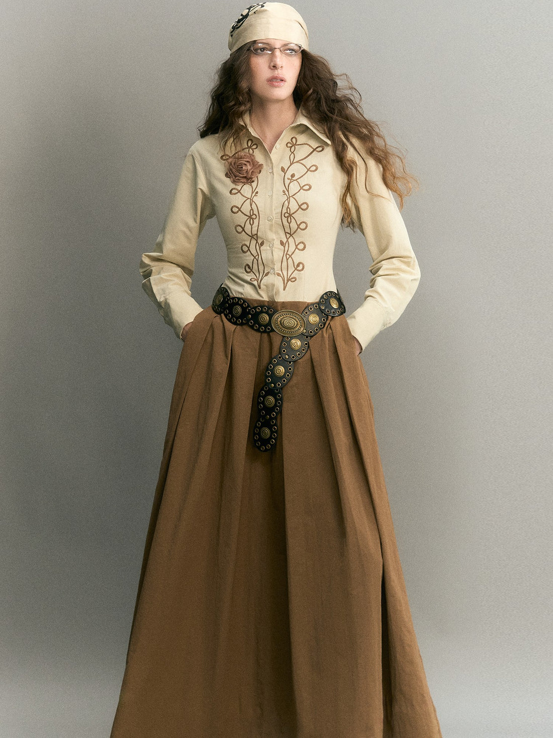OfAkiva Embroidered Ruched Waist Colorblock Shirt Women&