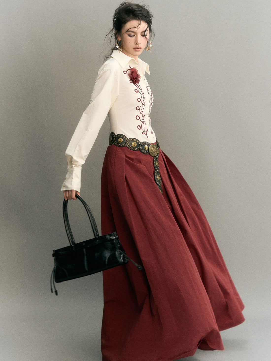 OfAkiva Embroidered Ruched Waist Colorblock Shirt Women&