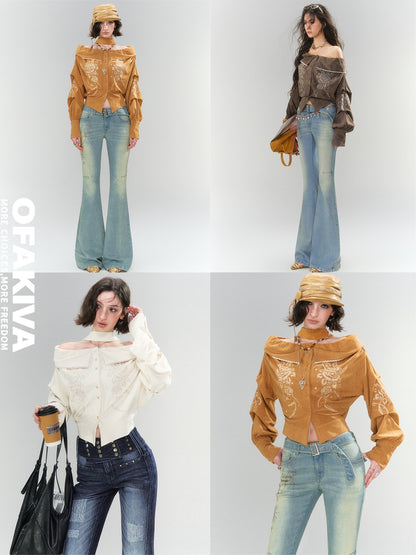 OfAkiva Embroidered Suede Off Shoulder Slim Fit Women&