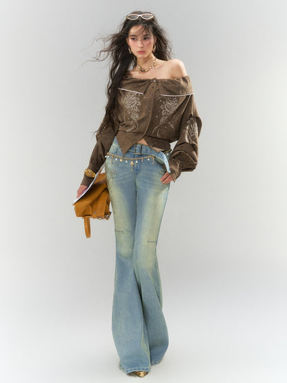 OfAkiva Embroidered Suede Off Shoulder Slim Fit Women&