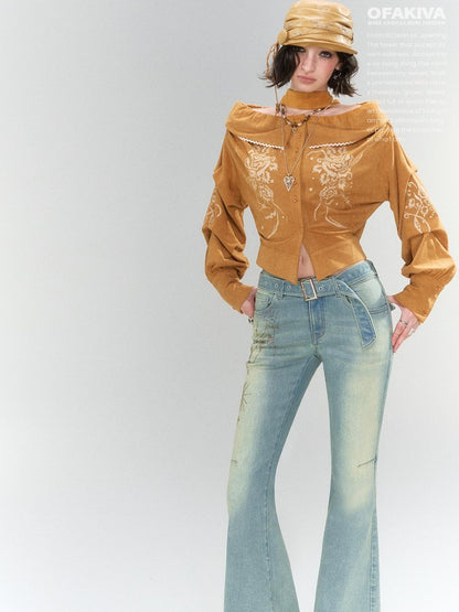 OfAkiva Embroidered Suede Off Shoulder Slim Fit Women&