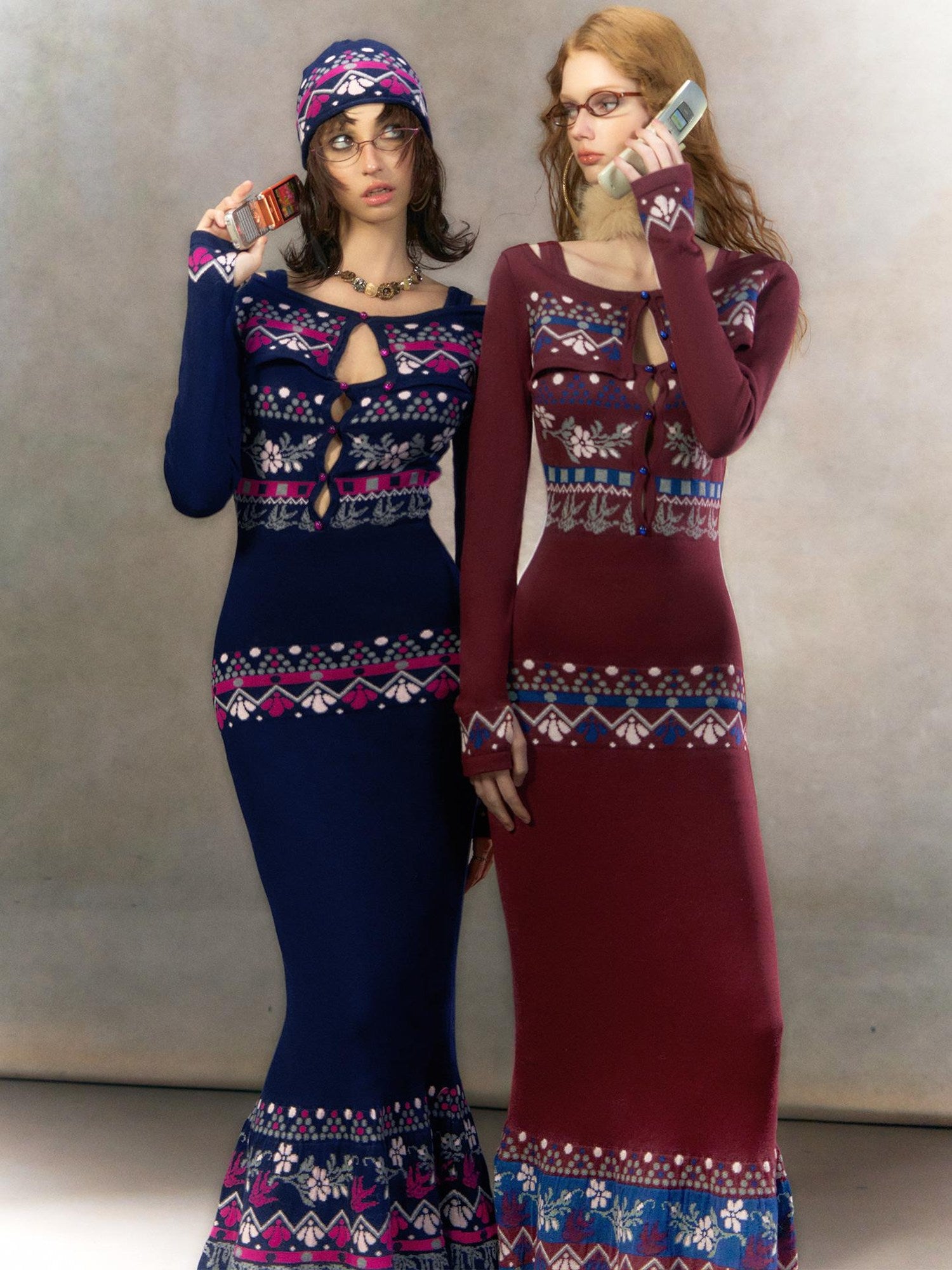 OfAkiva Exquisite High Waist Two Piece Knit Mermaid Long Sleeve Women Maxi Dresses