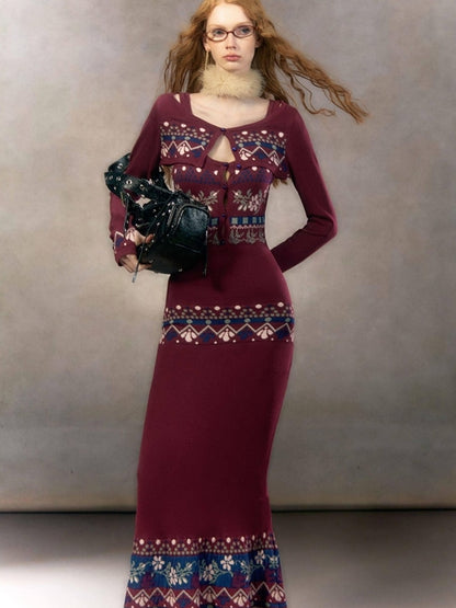 OfAkiva Exquisite High Waist Two Piece Knit Mermaid Long Sleeve Women Maxi Dresses