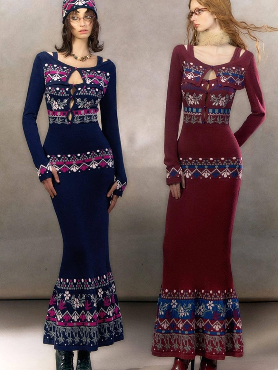 OfAkiva Exquisite High Waist Two Piece Knit Mermaid Long Sleeve Women Maxi Dresses