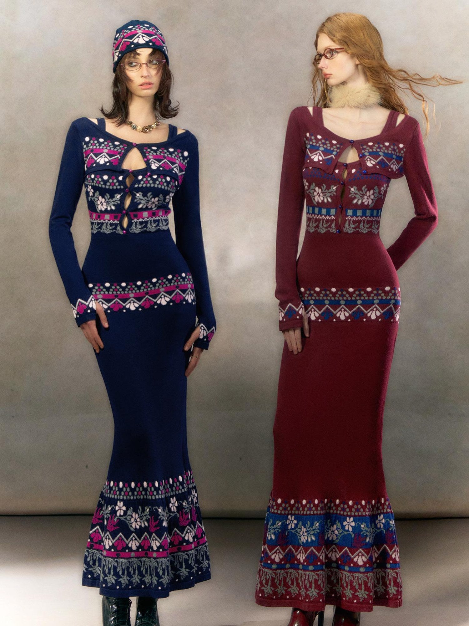 OfAkiva Exquisite High Waist Two Piece Knit Mermaid Long Sleeve Women Maxi Dresses