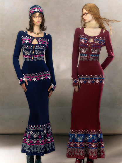 OfAkiva Exquisite High Waist Two Piece Knit Mermaid Long Sleeve Women Maxi Dresses