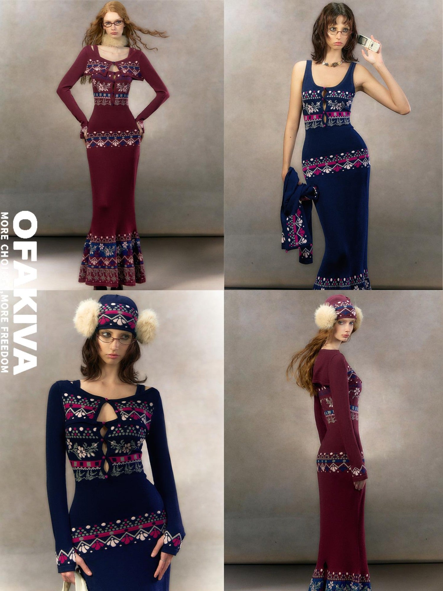 OfAkiva Exquisite High Waist Two Piece Knit Mermaid Long Sleeve Women Maxi Dresses