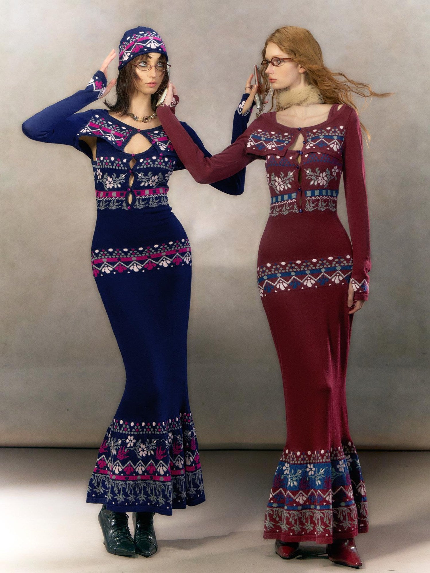 OfAkiva Exquisite High Waist Two Piece Knit Mermaid Long Sleeve Women Maxi Dresses