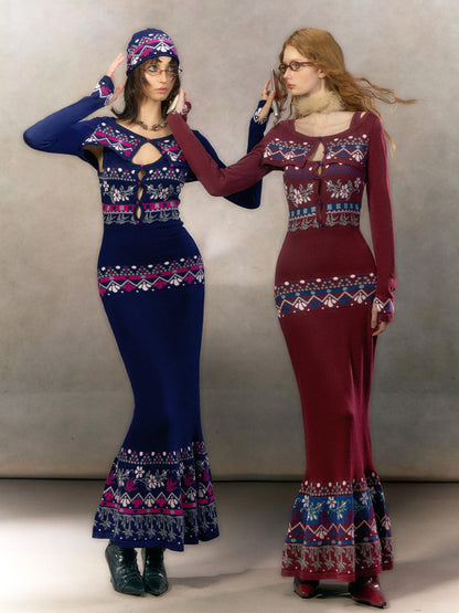 OfAkiva Exquisite High Waist Two Piece Knit Mermaid Long Sleeve Women Maxi Dresses