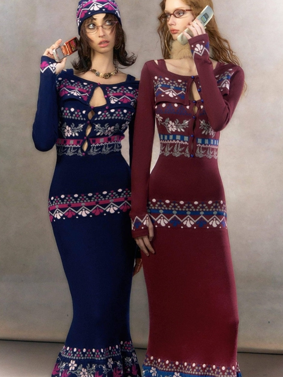 OfAkiva Exquisite High Waist Two Piece Knit Mermaid Long Sleeve Women Maxi Dresses