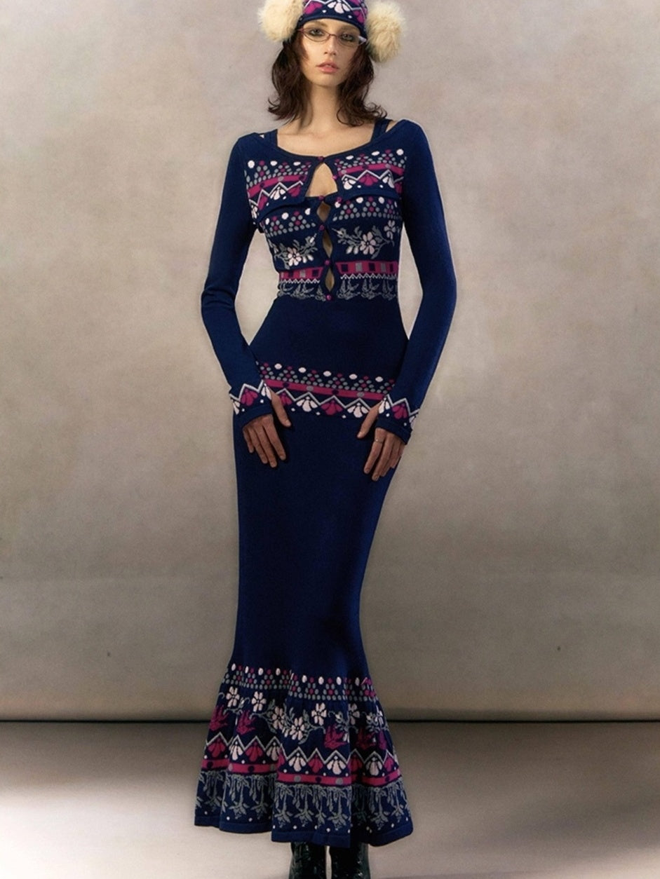 OfAkiva Exquisite High Waist Two Piece Knit Mermaid Long Sleeve Women Maxi Dresses