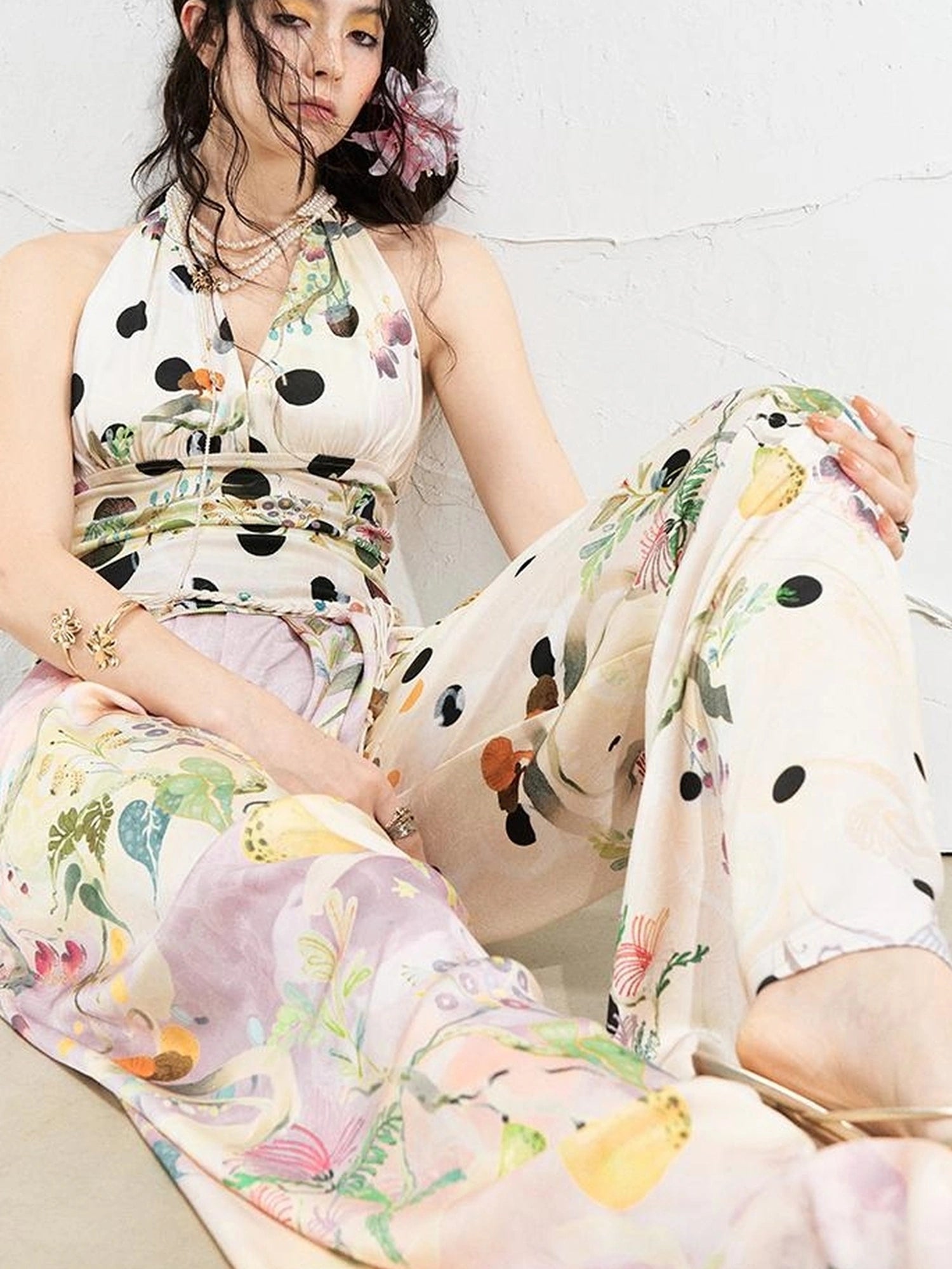 OfAkiva Fantasy Flora Dot Print Halter Top