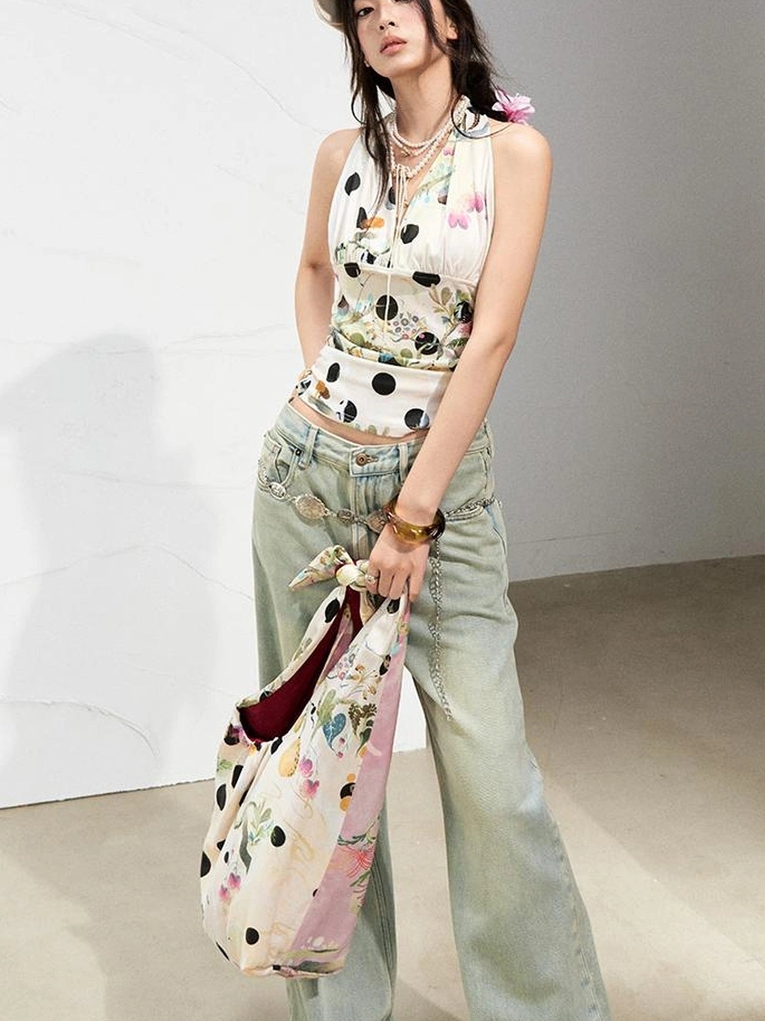 OfAkiva Fantasy Flora Dot Print Halter Top