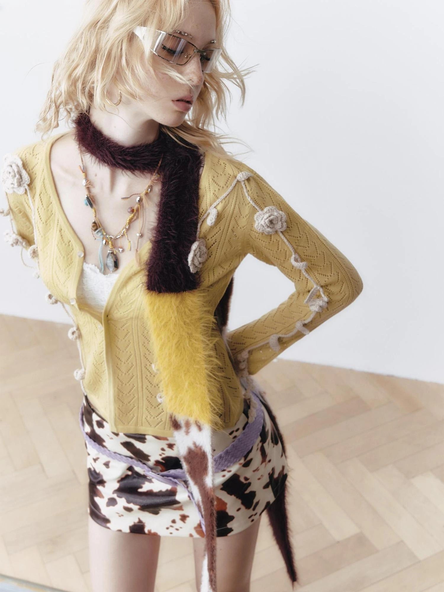 OfAkiva Fantasy Weave Color Block Cow Print Scarf