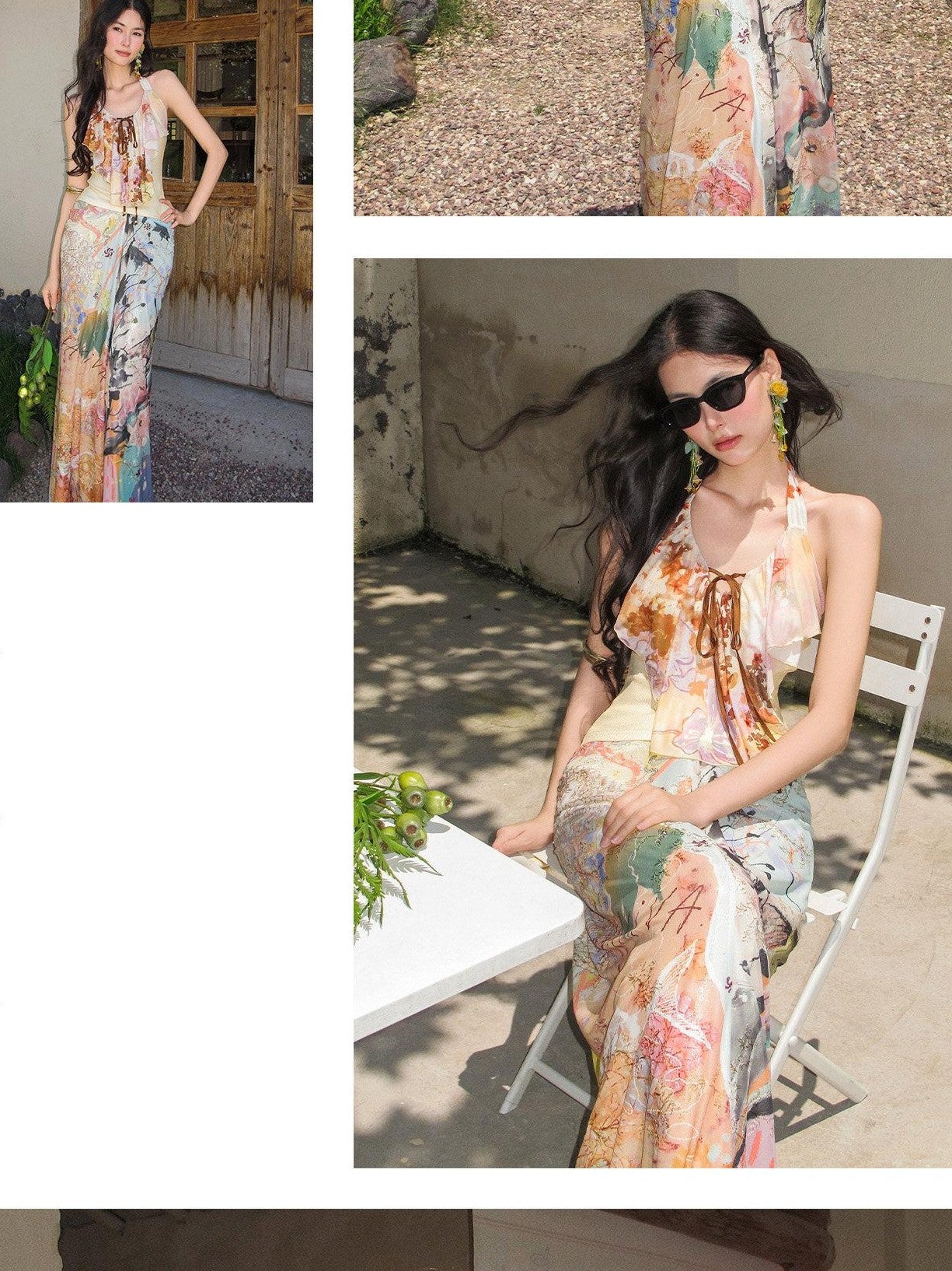 OfAkiva Fine Sparkle Dream Print Pleated V Waist Slimming A Line Women&