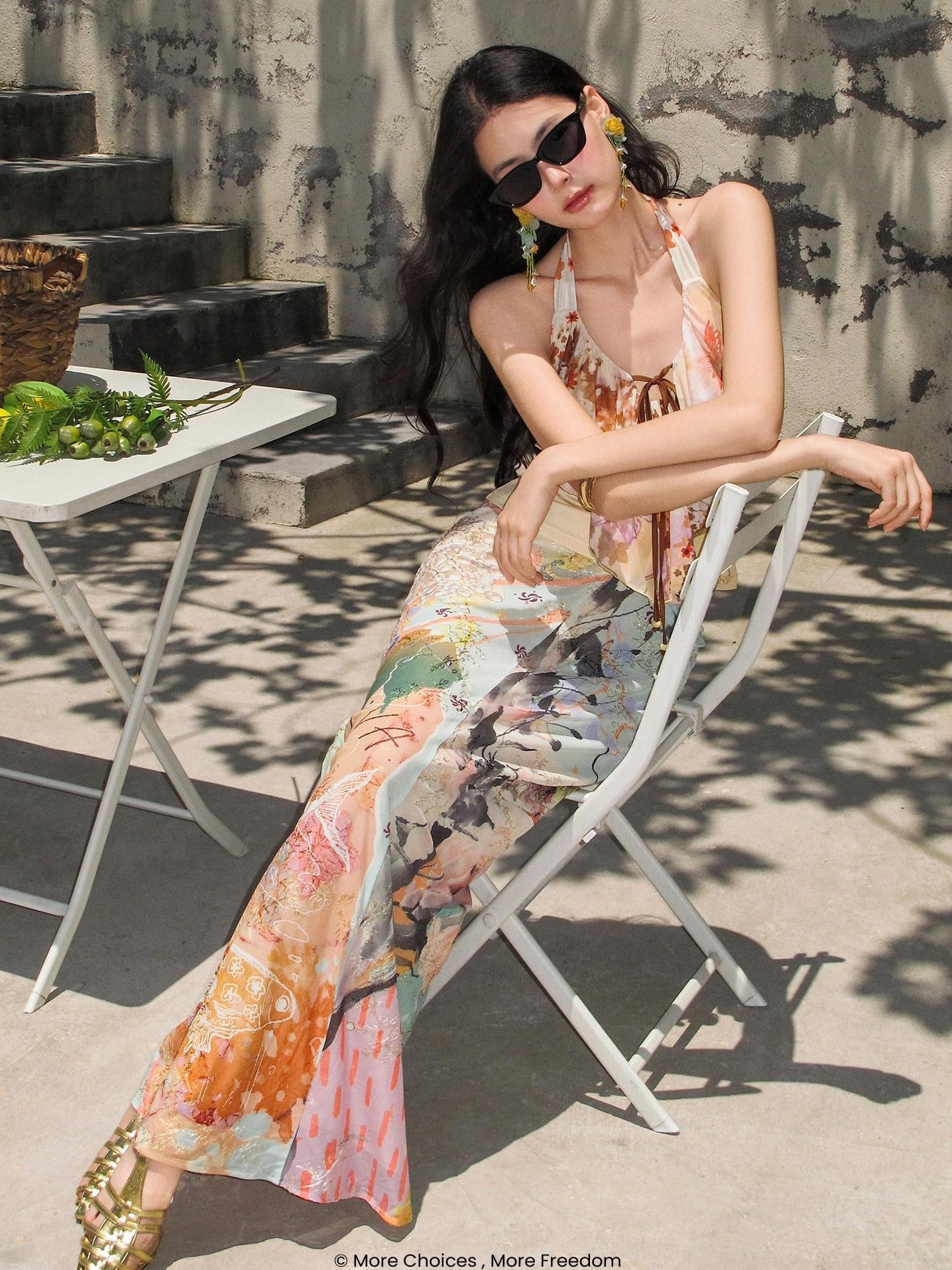 OfAkiva Fine Sparkle Dream Print Pleated V Waist Slimming A Line Women&
