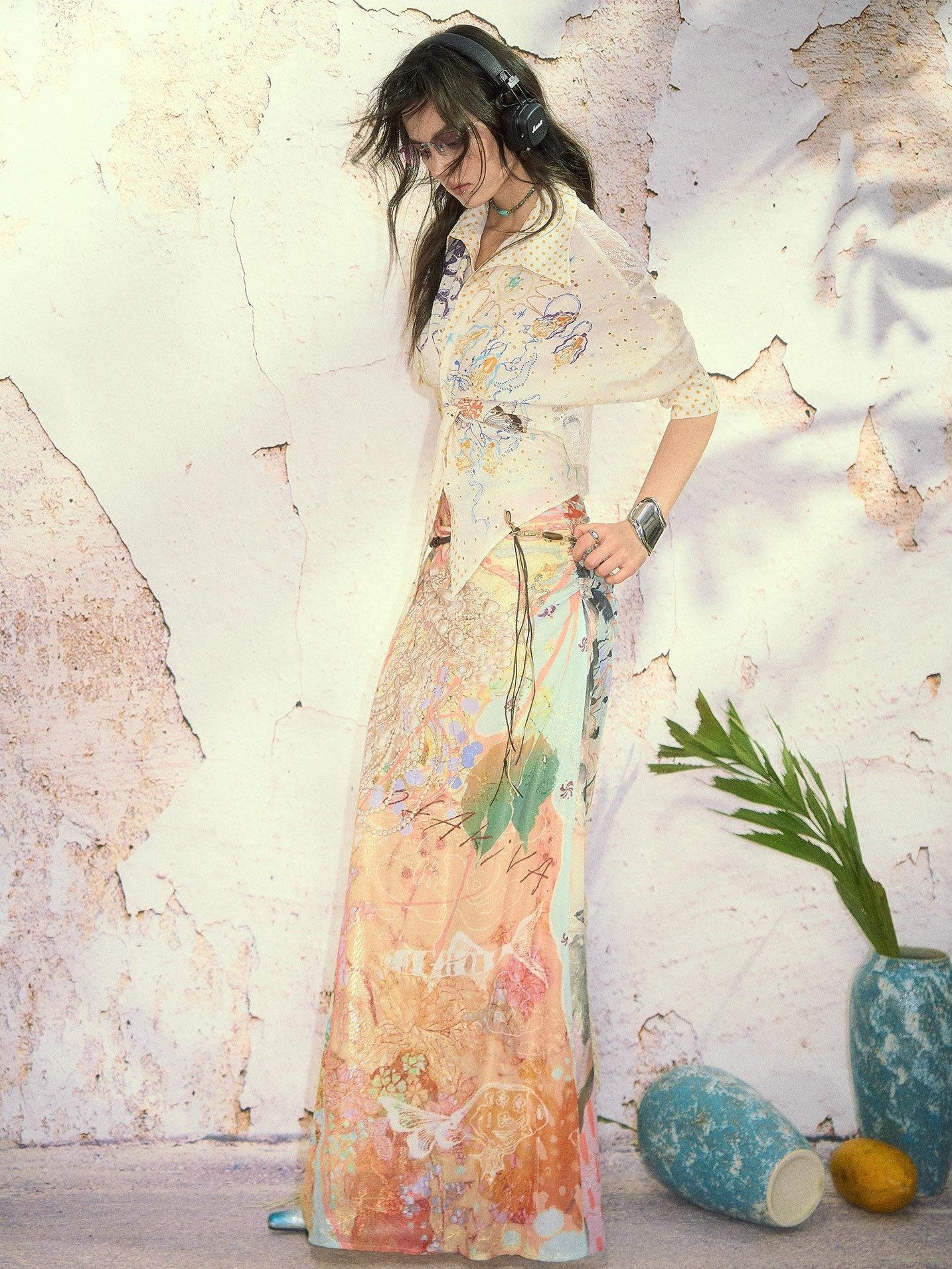 OfAkiva Fine Sparkle Dream Print Pleated V Waist Slimming A Line Women&