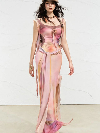 OfAkiva Floral Chiffon Knit Wrap Dress