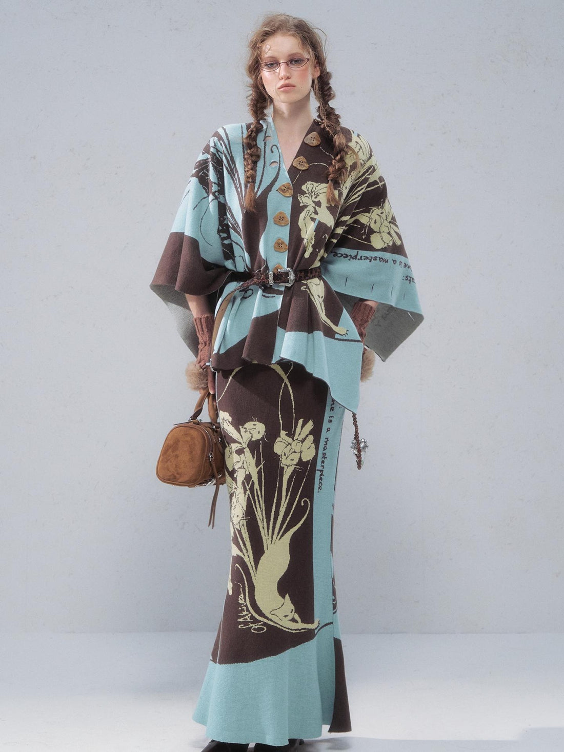 OfAkiva Floral Contrast Two Piece Slim Fit Chinese Style Women Blouse Maxi Skirt Suits