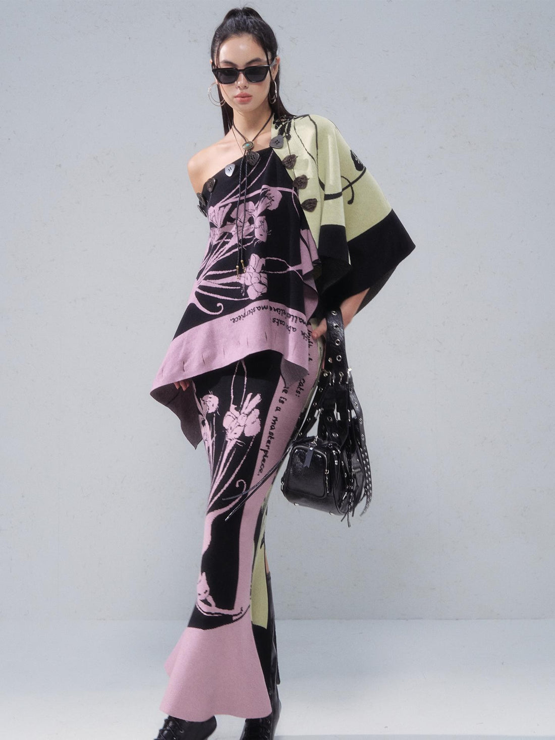 OfAkiva Floral Contrast Two Piece Slim Fit Chinese Style Women Blouse Maxi Skirt Suits