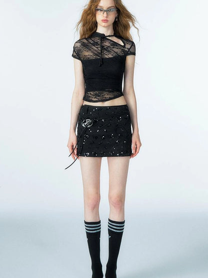 Floral Lace Mandarin Collar Tee