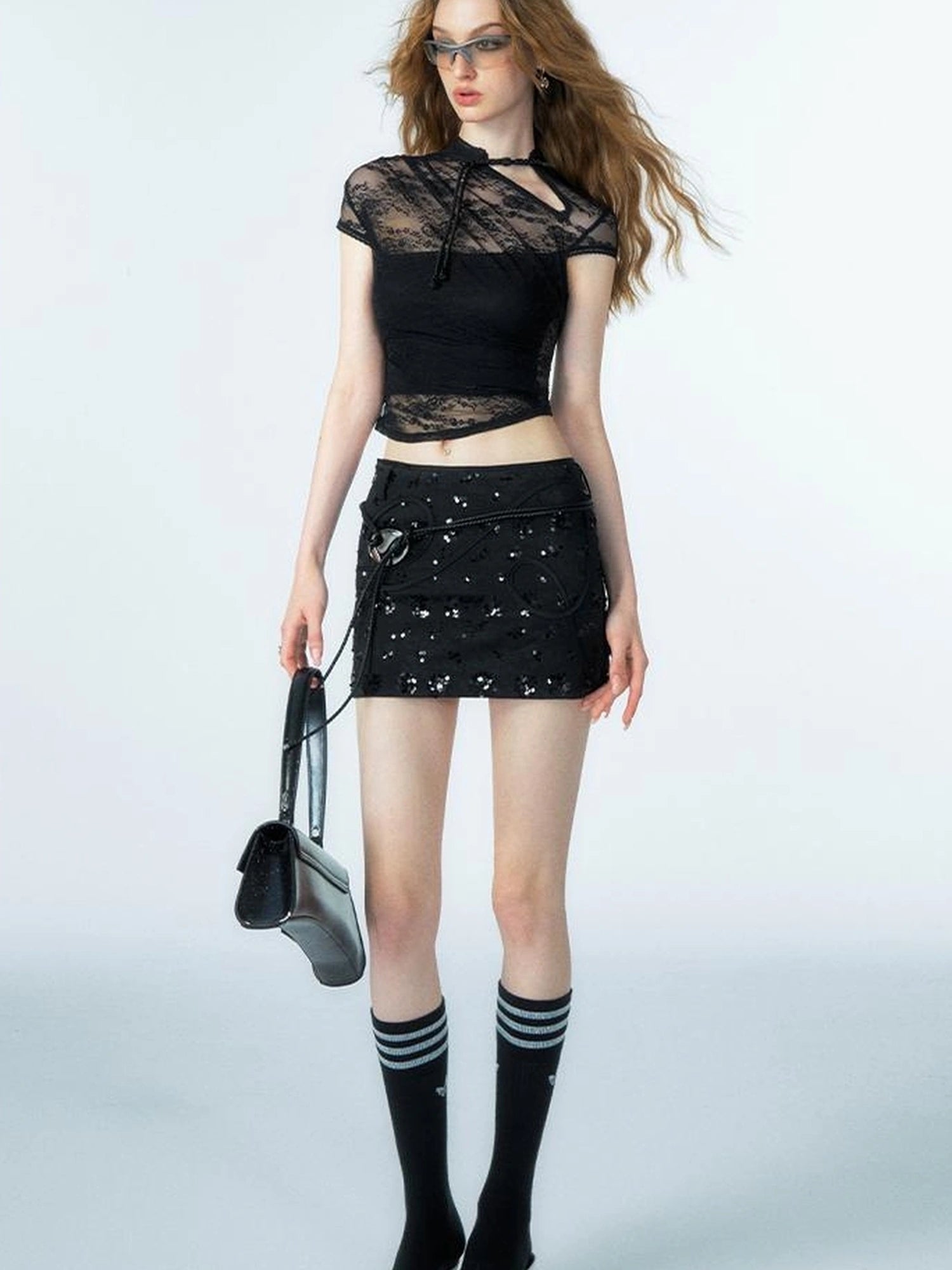 Floral Lace Mandarin Collar Tee