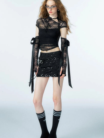 Floral Lace Mandarin Collar Tee