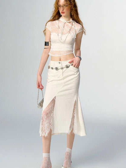 Floral Lace Mandarin Collar Tee