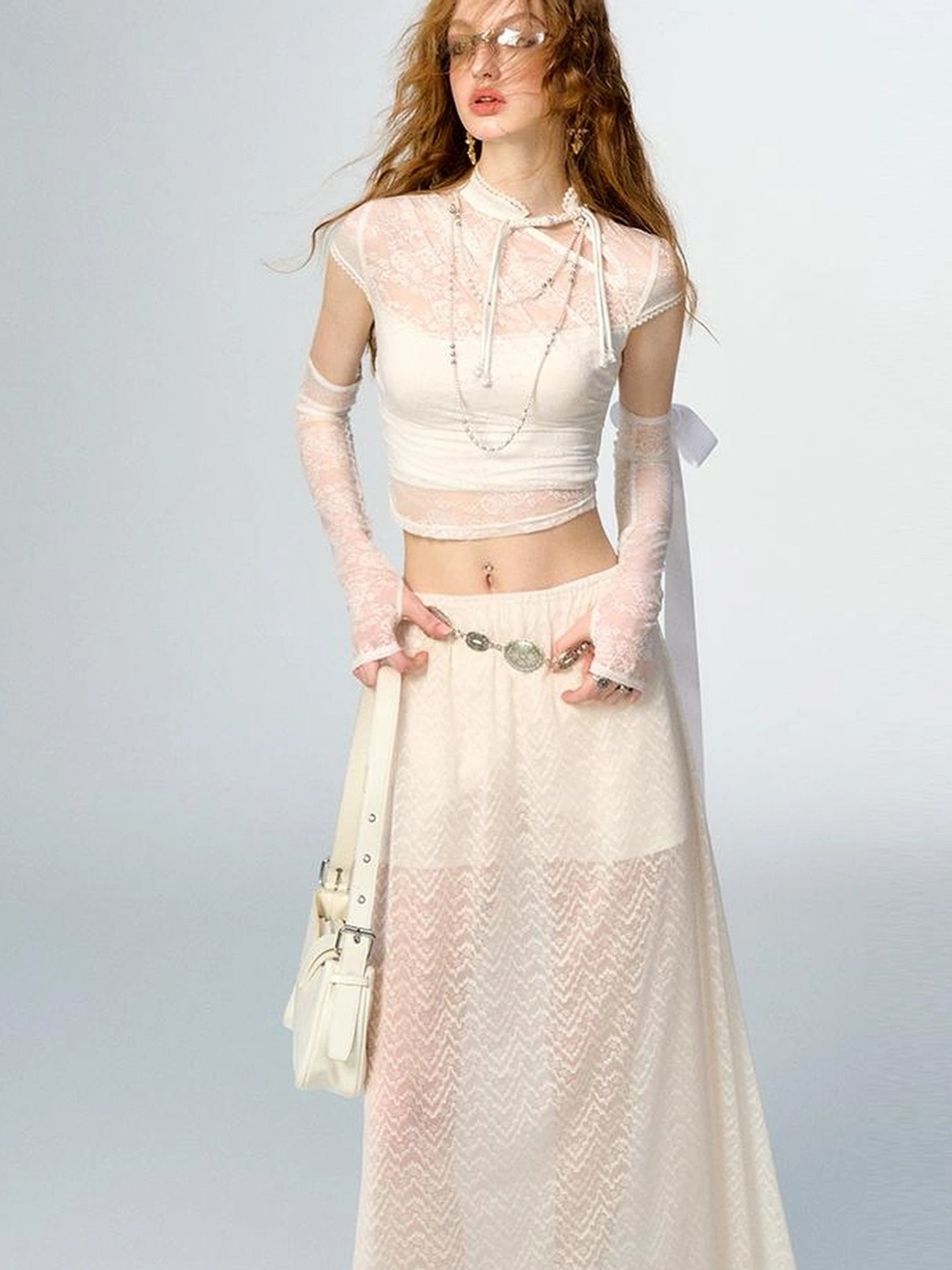 Floral Lace Mandarin Collar Tee