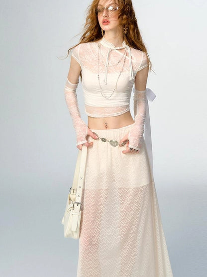 Floral Lace Mandarin Collar Tee