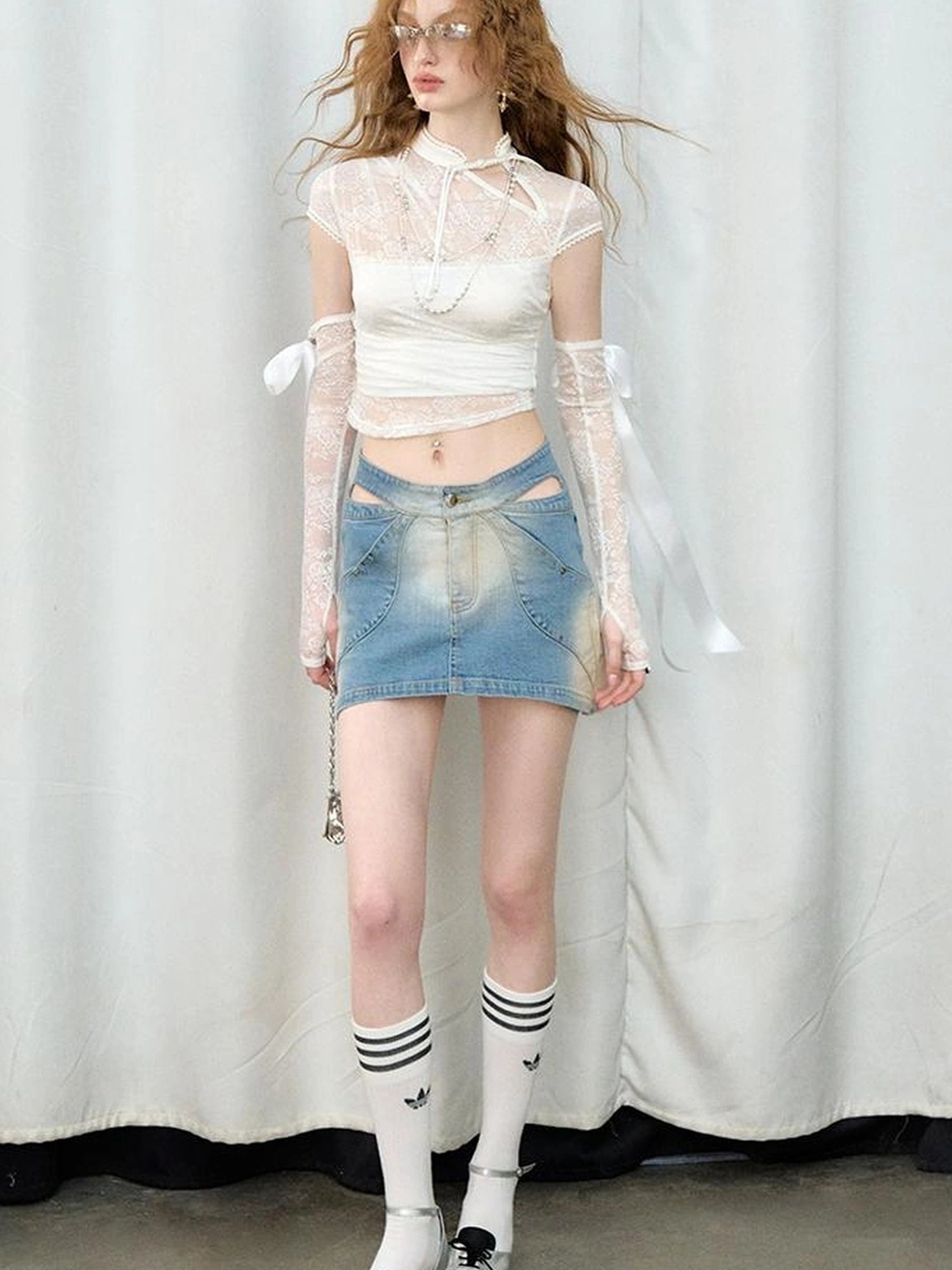 Floral Lace Mandarin Collar Tee