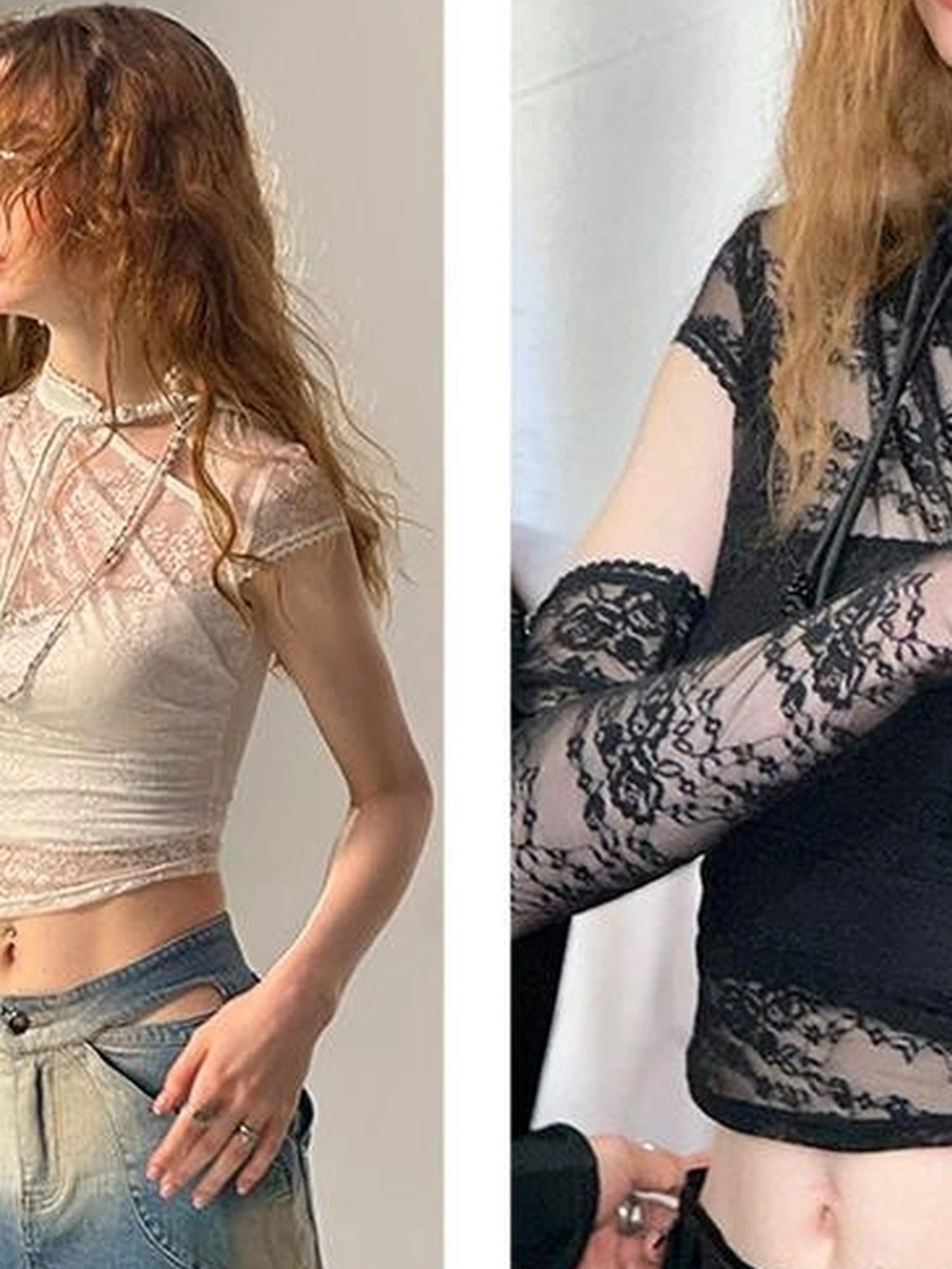 Floral Lace Mandarin Collar Tee