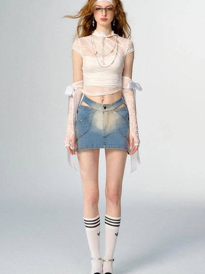 Floral Lace Mandarin Collar Tee