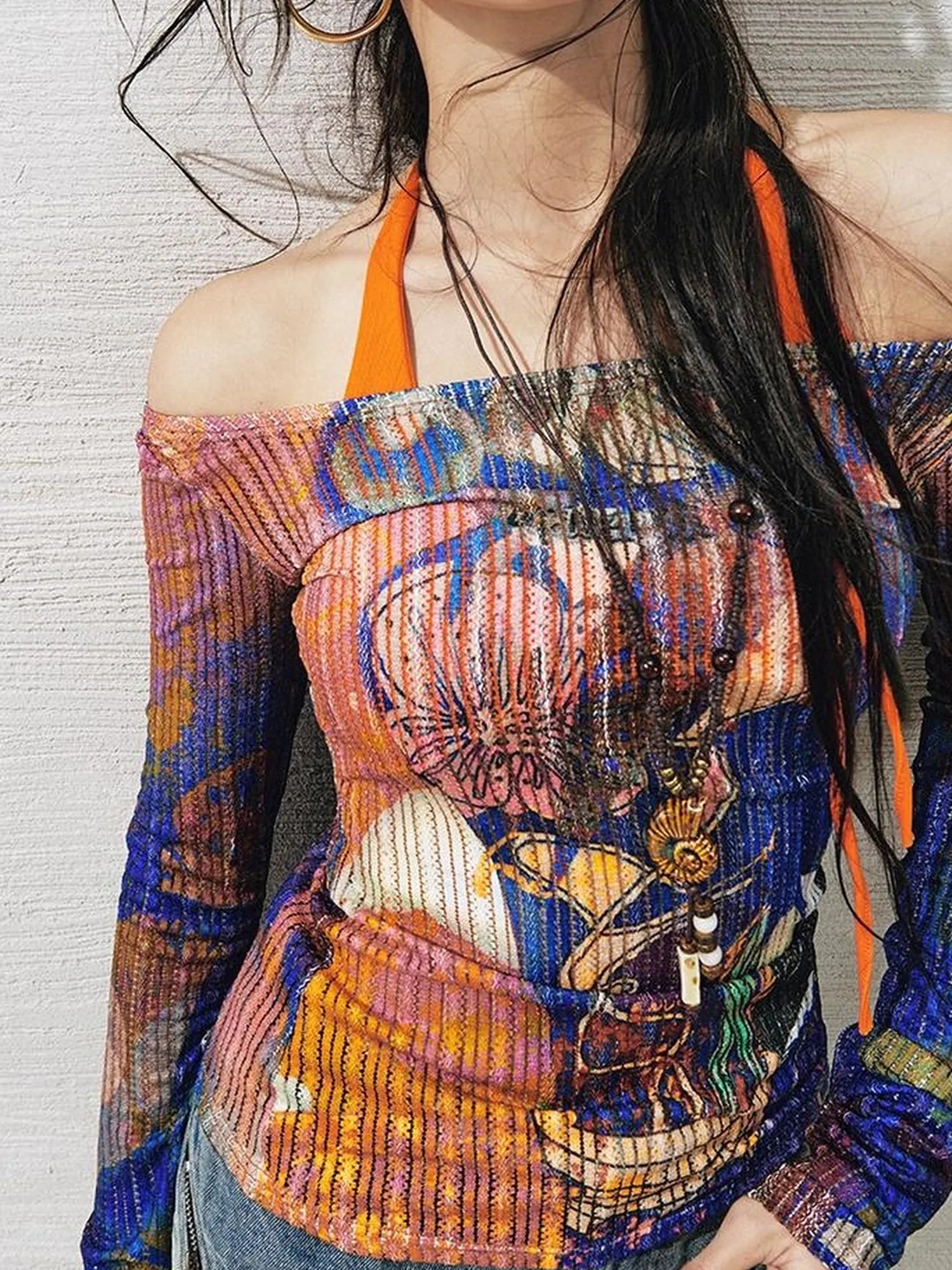 OfAkiva Floral Lace Shoulder Cutout Fitted Top