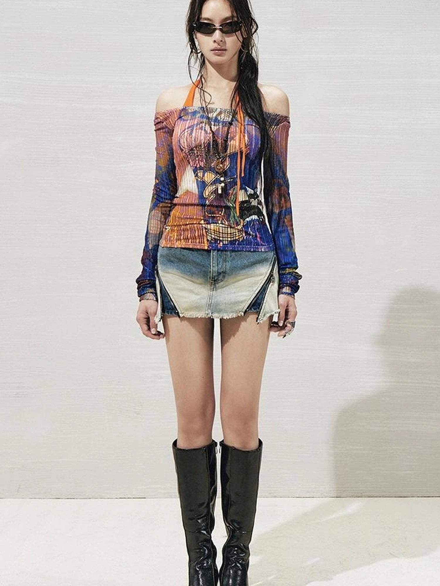 OfAkiva Floral Lace Shoulder Cutout Fitted Top