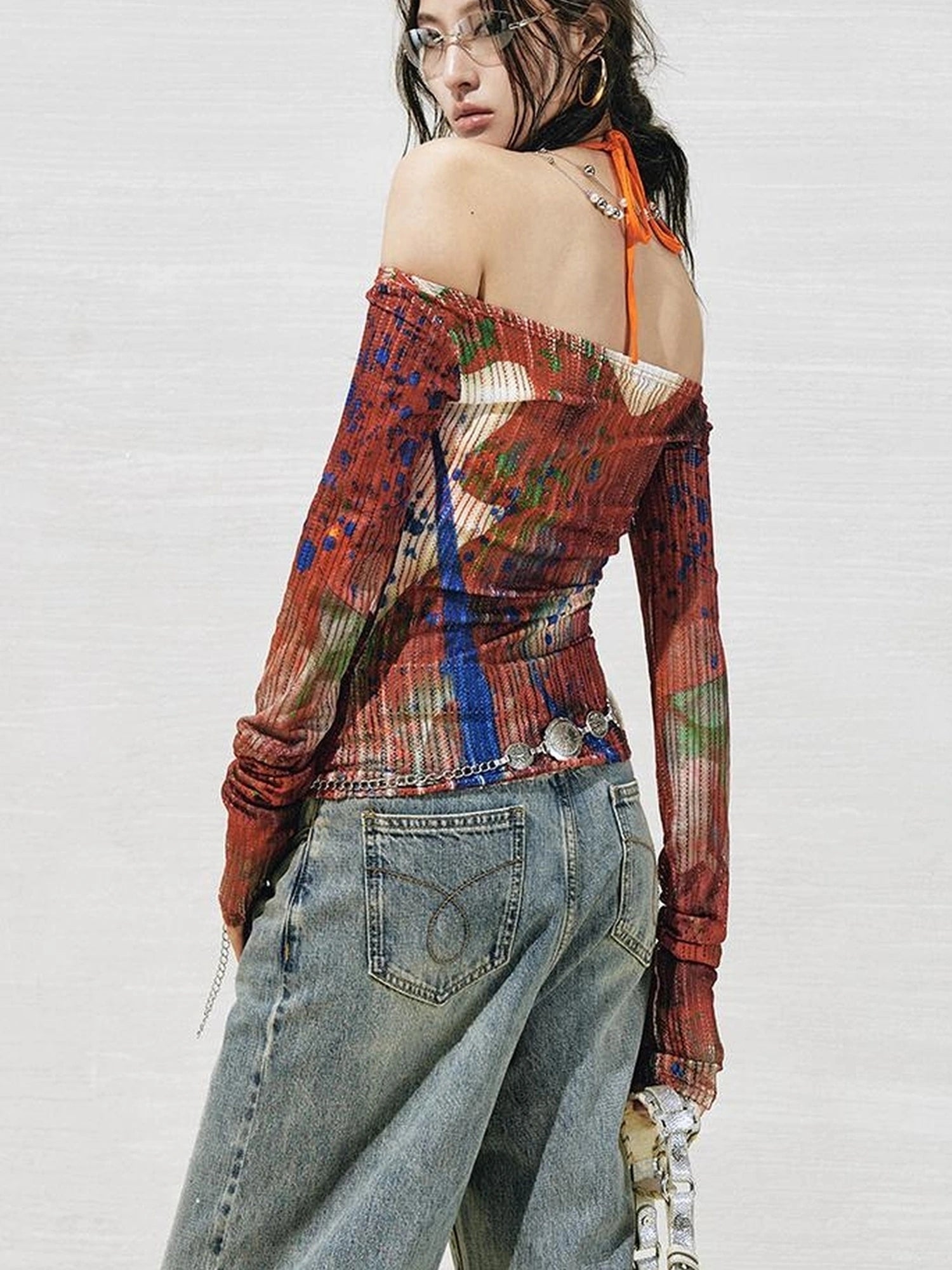 OfAkiva Floral Lace Shoulder Cutout Fitted Top