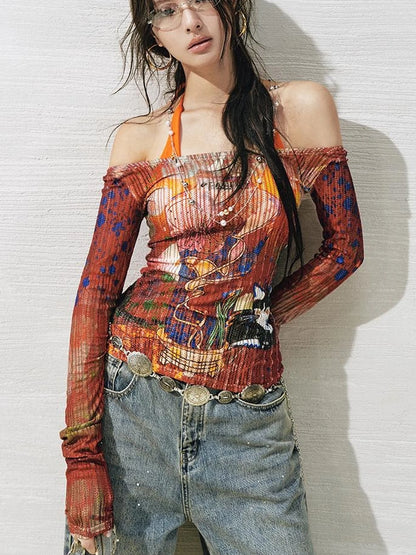 OfAkiva Floral Lace Shoulder Cutout Fitted Top