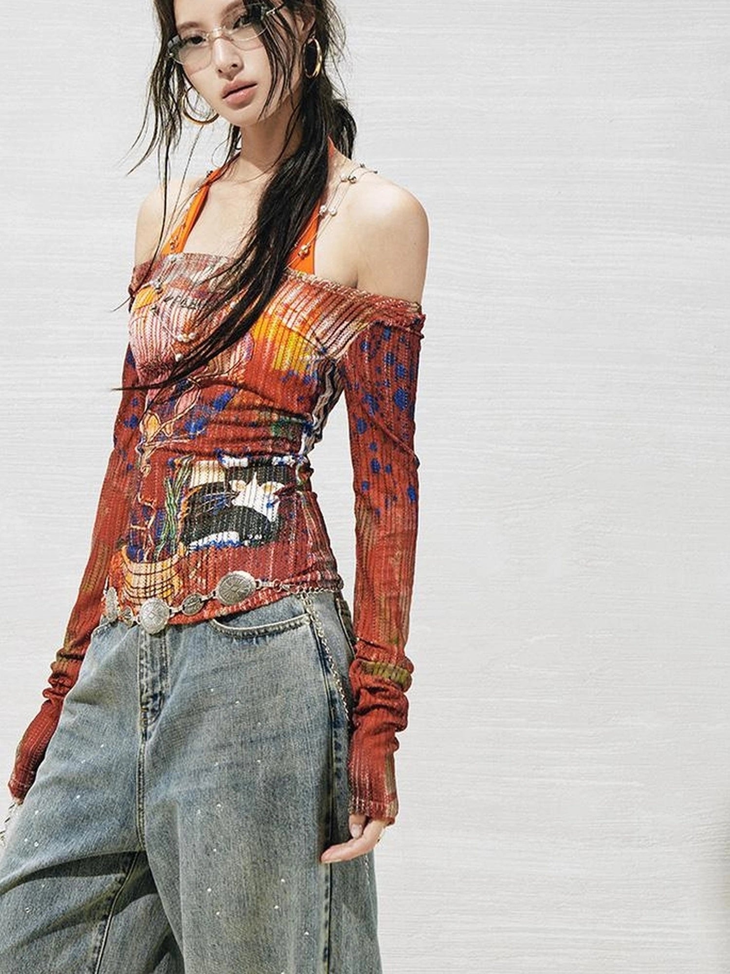 OfAkiva Floral Lace Shoulder Cutout Fitted Top