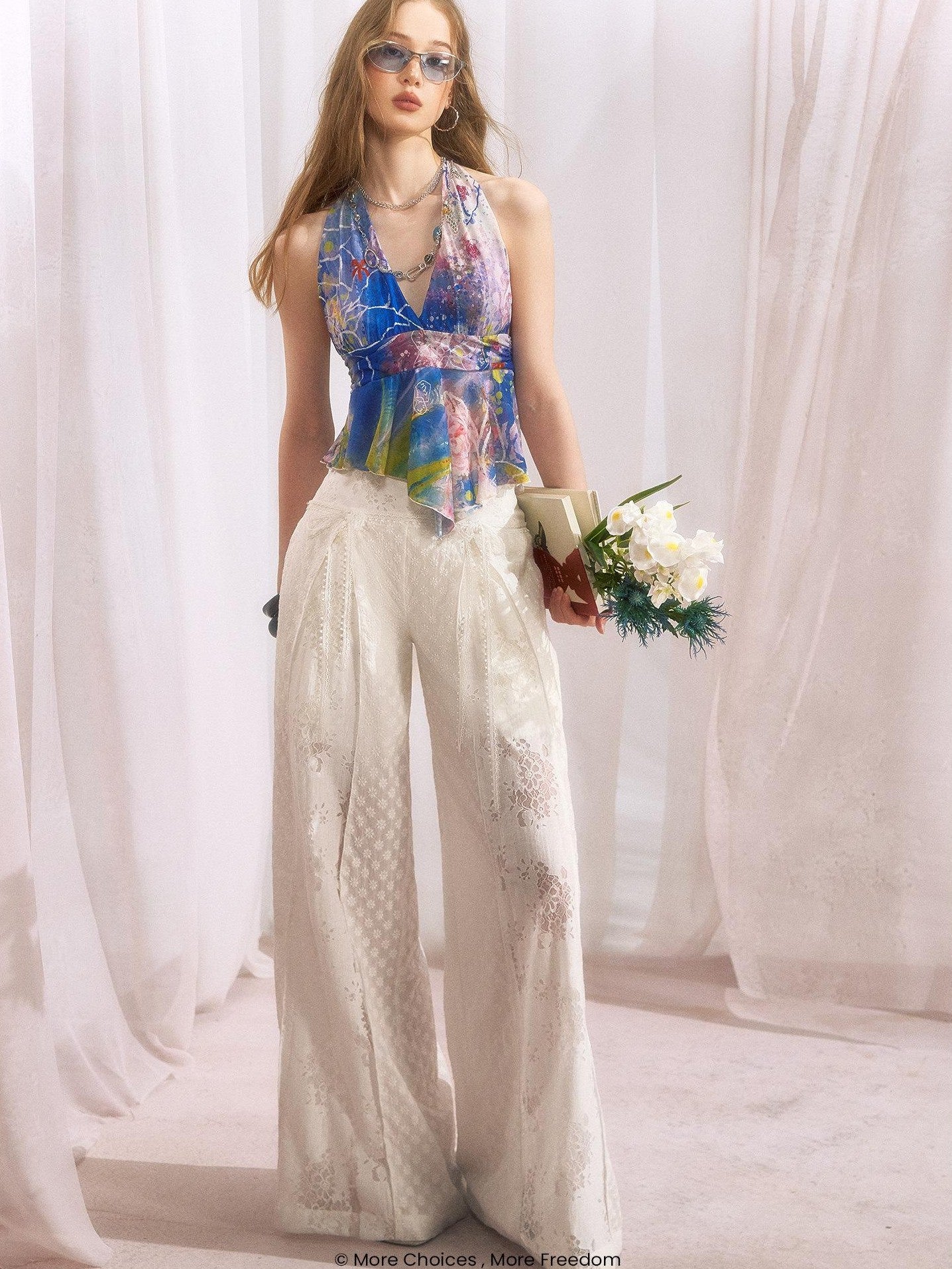 OfAkiva Floral Patchwork Lace Cutout Wide Waist Women&