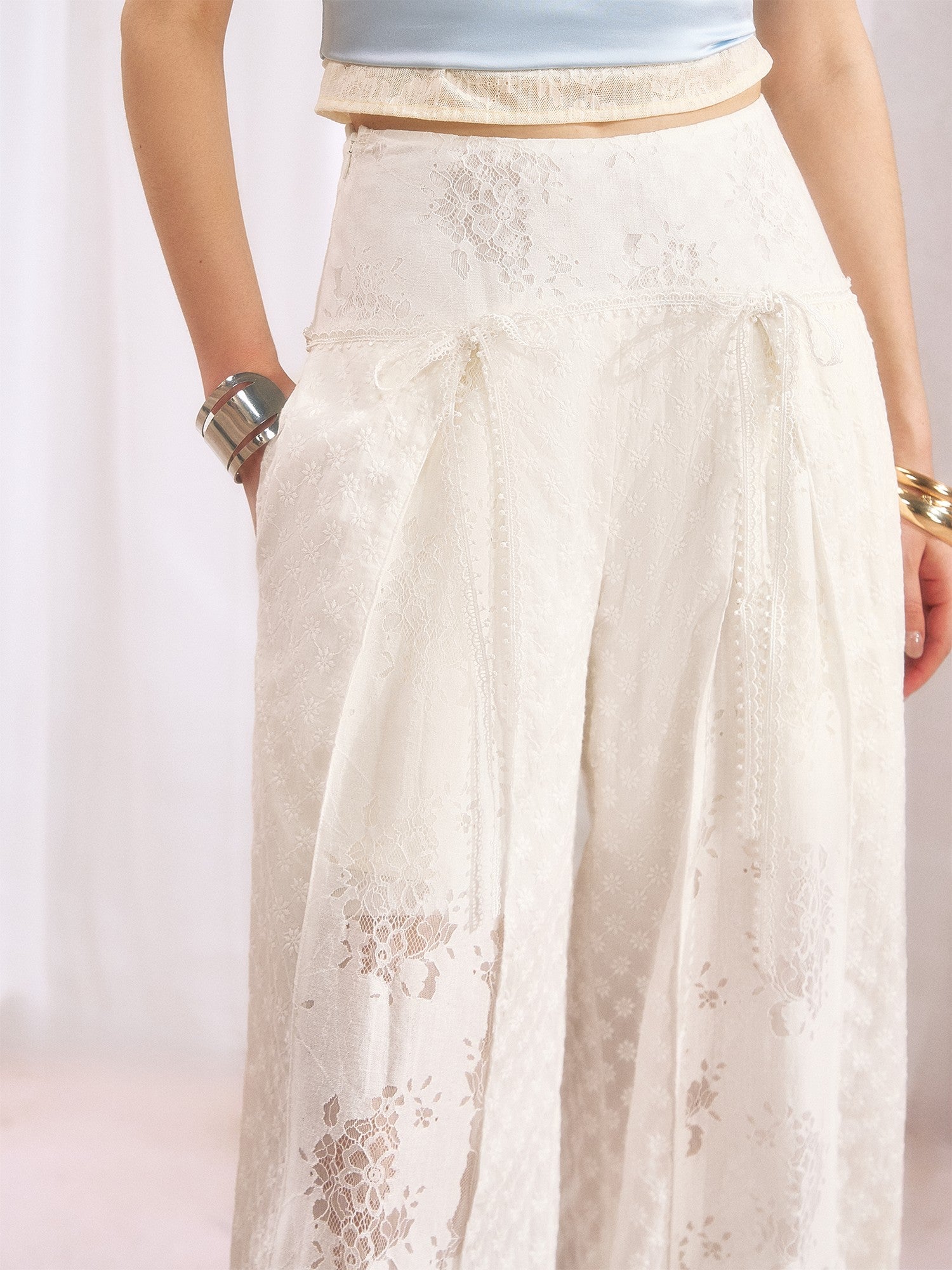 OfAkiva Floral Patchwork Lace Cutout Wide Waist Women&