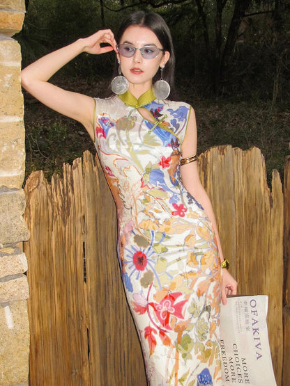 OfAkiva Floral Print Cheongsam Mermaid Women&