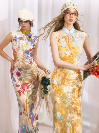 OfAkiva Floral Print Cheongsam Mermaid Women&