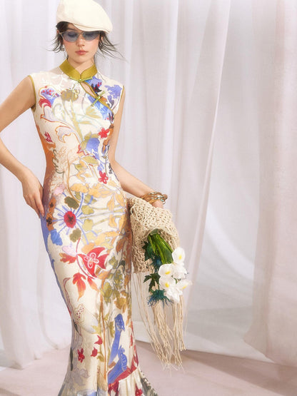 OfAkiva Floral Print Cheongsam Mermaid Women&