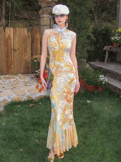 OfAkiva Floral Print Cheongsam Mermaid Women&
