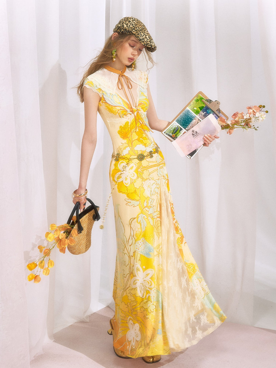 OfAkiva Floral Print Gold Embroidery Women&