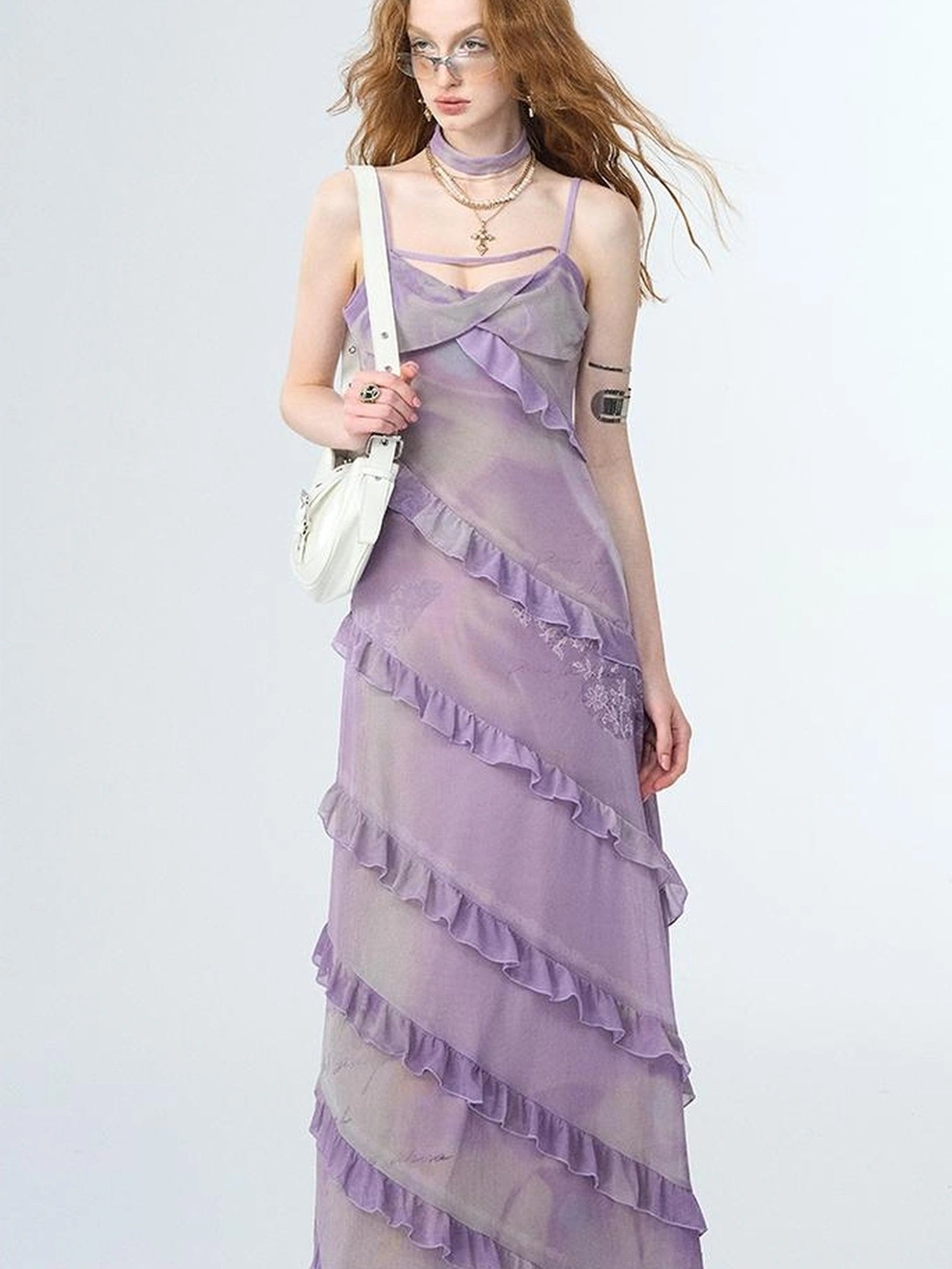 OfAkiva Floral Print Mesh French Slip V-neck Dress