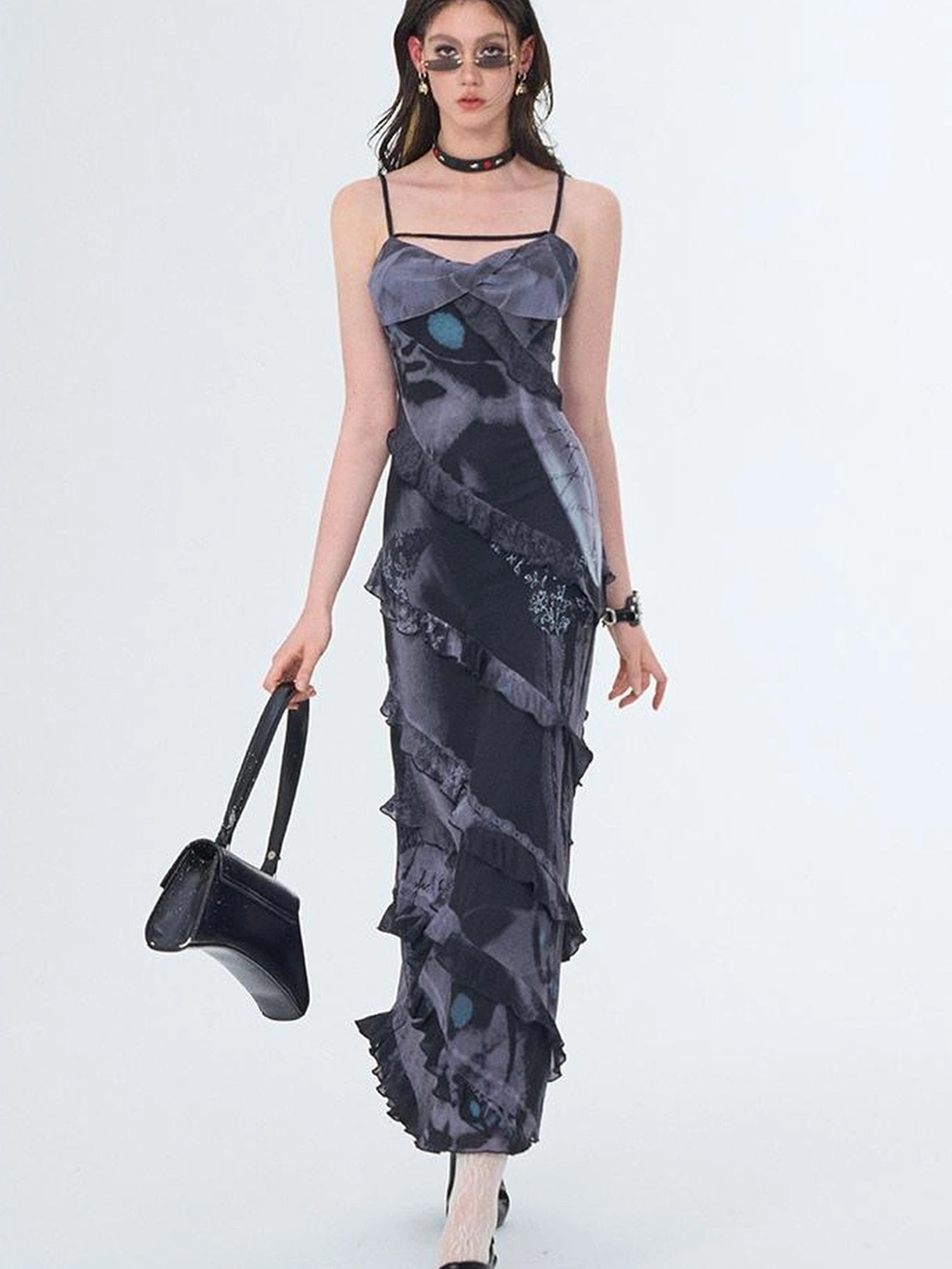 OfAkiva Floral Print Mesh French Slip V-neck Dress