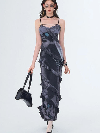 OfAkiva Floral Print Mesh French Slip V-neck Dress